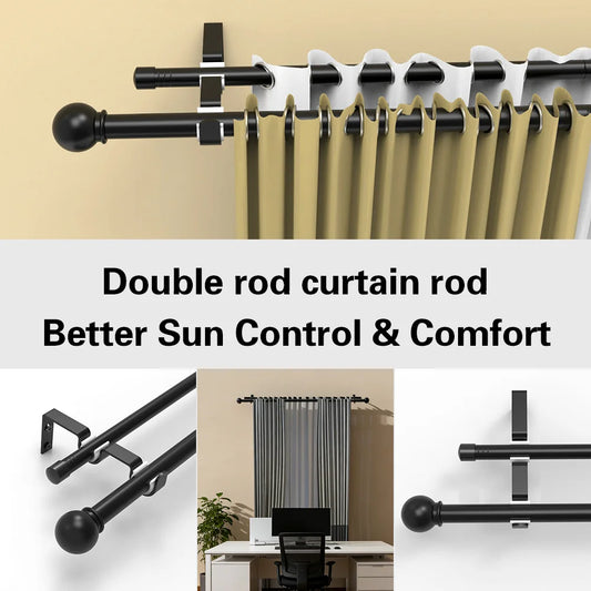Black 0.748inch - 0.63inch double-rod curtain rod set, made of metal iron, spiral joint double Roman rod/double track rod, length 60 to 132inch. Suitable for windows 54 to 128inch, can be fitted with window screens and sunsha