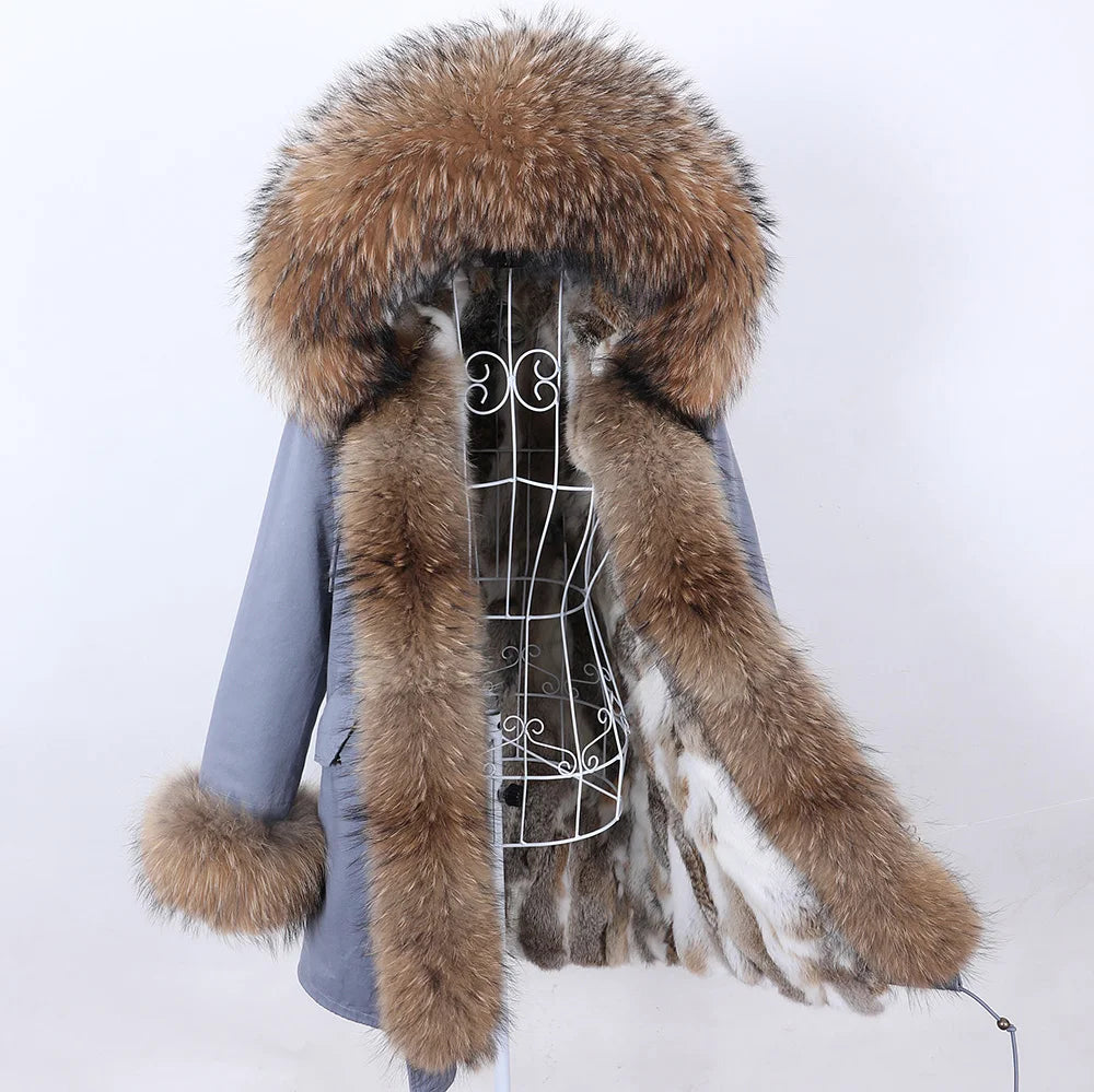 2026 Maomaokong Women's Winter Coats Rabbit Lining Jacket Natural Real Raccoon Fur Collar Parka Fox Fur Long Female Clothing
