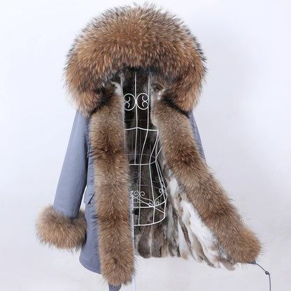 2026 Maomaokong Women's Winter Coats Rabbit Lining Jacket Natural Real Raccoon Fur Collar Parka Fox Fur Long Female Clothing