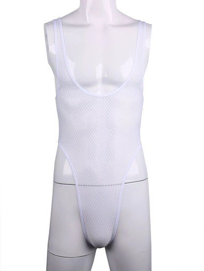 Men's One-piece High Cut G String Underwear Wrestling Singlet Leotard Sheer Bodysuit Thongs Sissy Lingerie See Through Nightwear