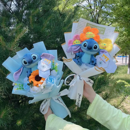 Genuine Winnie The Pooh Stitch Pikachu Plush Dolls With Sunflowers Creative Flower Bouquets Christmas Birthday Gifts For Girls