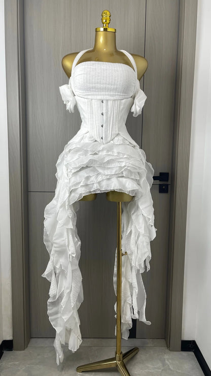 Women Skirt Suit Draped Dress Three Piece Sets Sexy Halter Ruffled Dress Lace-up Corset Top Shorts Party Cocktail Dress Vestidos