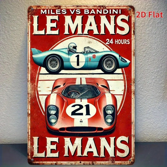 Vintage Le Mans Tin Sign - Rustic Iron Metal Wall Art with Classic Race Car Design, 24 Hours & Miles vs Bandini Text - Garage,
