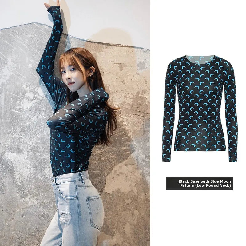 Ice Silk Two Piece Set Womens Sun Protection Clothes Long Sleeve Moon Print Top and Pants American Retro Sexy Autumn New