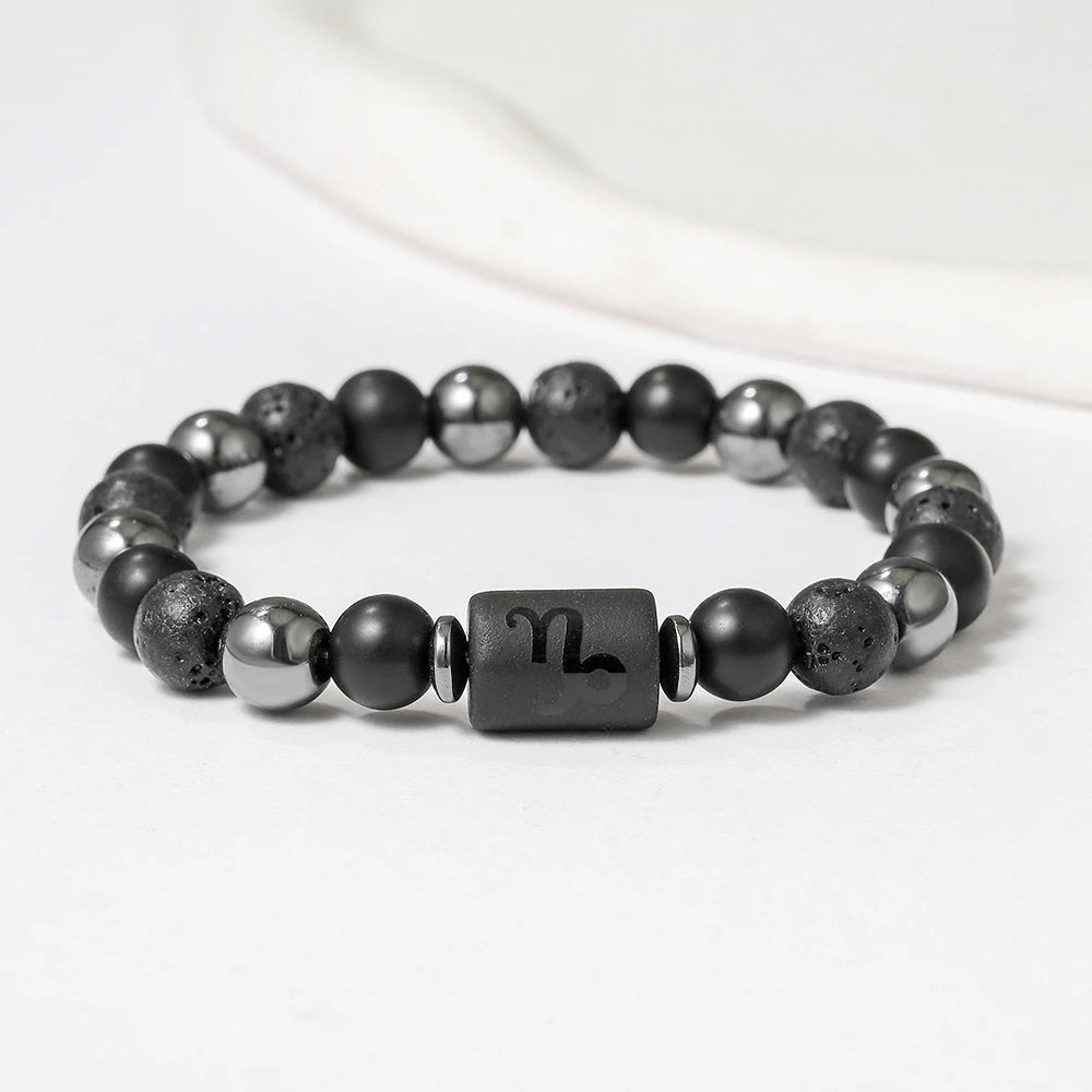New Arrival 12 Zodiac Energy Bracelet Natural Volcanic Stone Black Retro Handmade Couple Beaded Jewelry