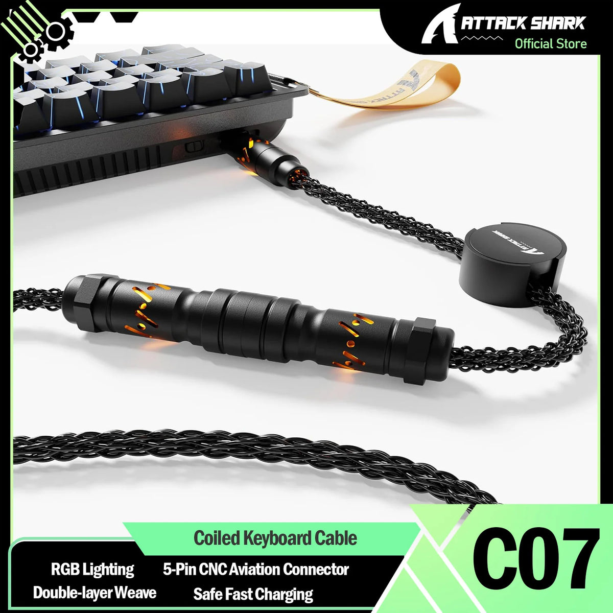 ATTACK SHARK C07 Custom USB C Keyboard Cable with RGB Lighting for 8KHz Magnetic Keyboard, 5-Pin CNC Aviation Connector