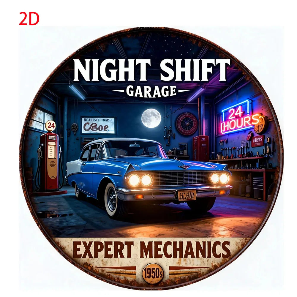 Vintage Retro Garage Aluminum Round Wall Plaque: 2D Flat Metal Sign with Classic Cars & Tools Design – for Bars, Cafes,