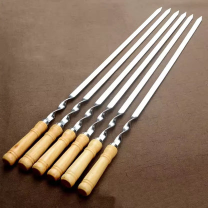 45/55cm BBQ Fork Wood BBQ Skewers Long Handle Kebab Barbecue Grill Sticks Reusable Stainless Steel Outdoor Camping Grill Needle