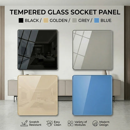 86X86MM Tempered Glass Wall Switch Socket EU FR UK Standard USB Charging Port 10A/13A 250V 1/2/3/4 Gang Crystal Panel