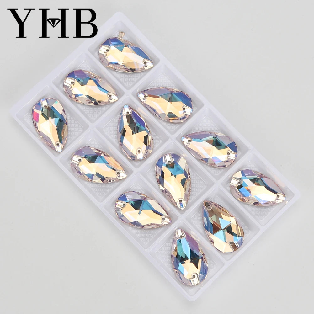 YHB Drop Moonlight Glass Lt Siam Crystal AB Sewing Stones Flatback Sew on Rhinestones For Garment Clothes Bags