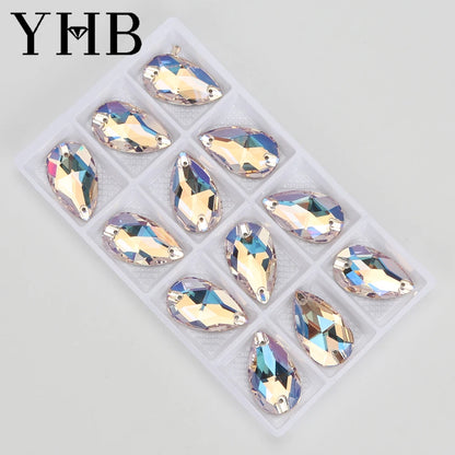 YHB Drop Moonlight Glass Lt Siam Crystal AB Sewing Stones Flatback Sew on Rhinestones For Garment Clothes Bags