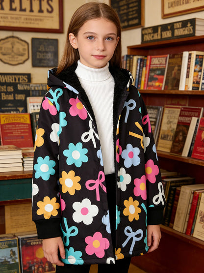Autumn/Winter Girls' Fleece Warm And Cold Proof Colorful Flower Printed Hooded Jacket Fashionable And Casual Mid Length Jacket