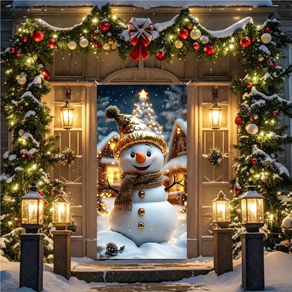 Christmas Theme Santa And Elk Backdrops Snowman Hanging Door Banner Indoor Outdoor Veranda Xmas Curtain Cover Festive Supplies