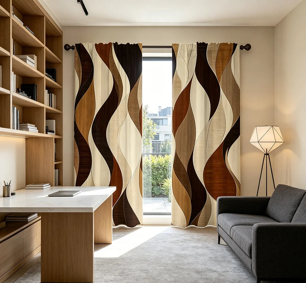 2PCS Digital Printed Curtains with Earthy Waves Design, Stylish Window Drapes for Living Room Bedroom Home Decoration and Kitche