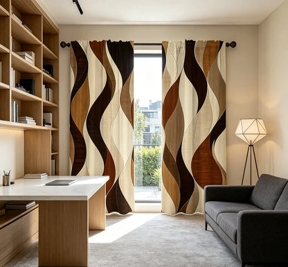 2PCS Digital Printed Curtains with Earthy Waves Design, Stylish Window Drapes for Living Room Bedroom Home Decoration and Kitche