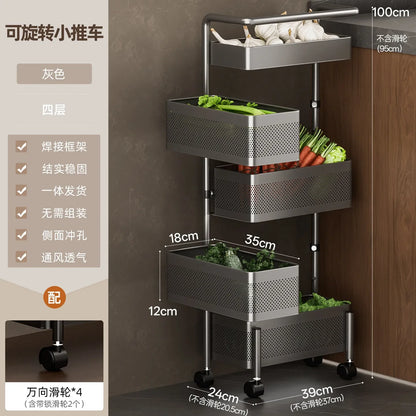 Rotating Kitchen Storage Cart Multi-Tier Basket for Vegetables Snacks Space Saving Corner Pantry Shelf Mobile Metal Mesh Trolley