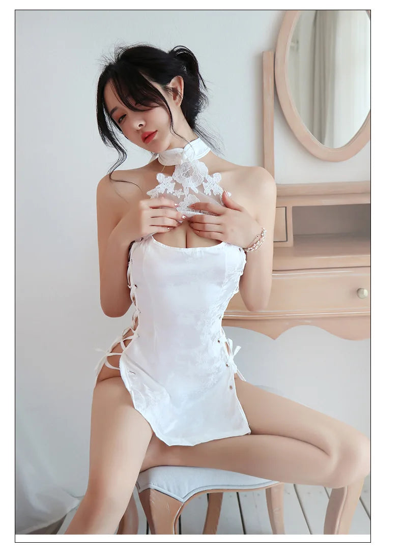 Seductive Retro Charm: Vintage-Style, Sheer, Hollow-Out Lingerie with Lace Qipao and Binding Straps for Tempting Uniform Allure