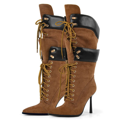 Onlymaker Women Pointed Toe Double Stiletto Heel Lace Up Mid-Calf Boots Faux Suede Nightclub Party  Daily Heel Stylish  Boots
