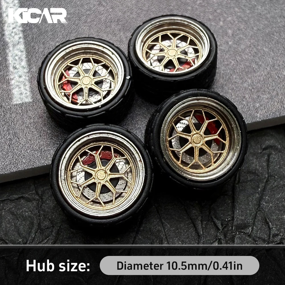 Kicarmod 1/64 10.5mm Alloy Model Wheels with Magnetic Hub Caps-with Rubber Tires for Tomica Custom Diecast Cars