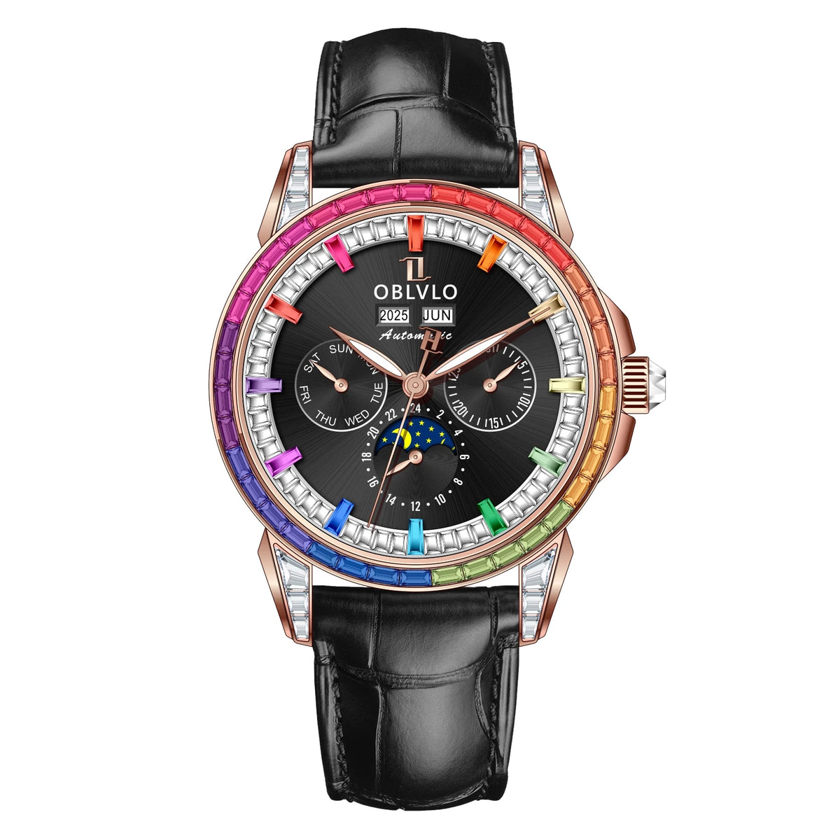 OBLVLO Men's Fashion Automatic Watch Colorful Zircon Moonphase Mechanical Multifunctional Black Leather Strap Timepiece GCM-MUT