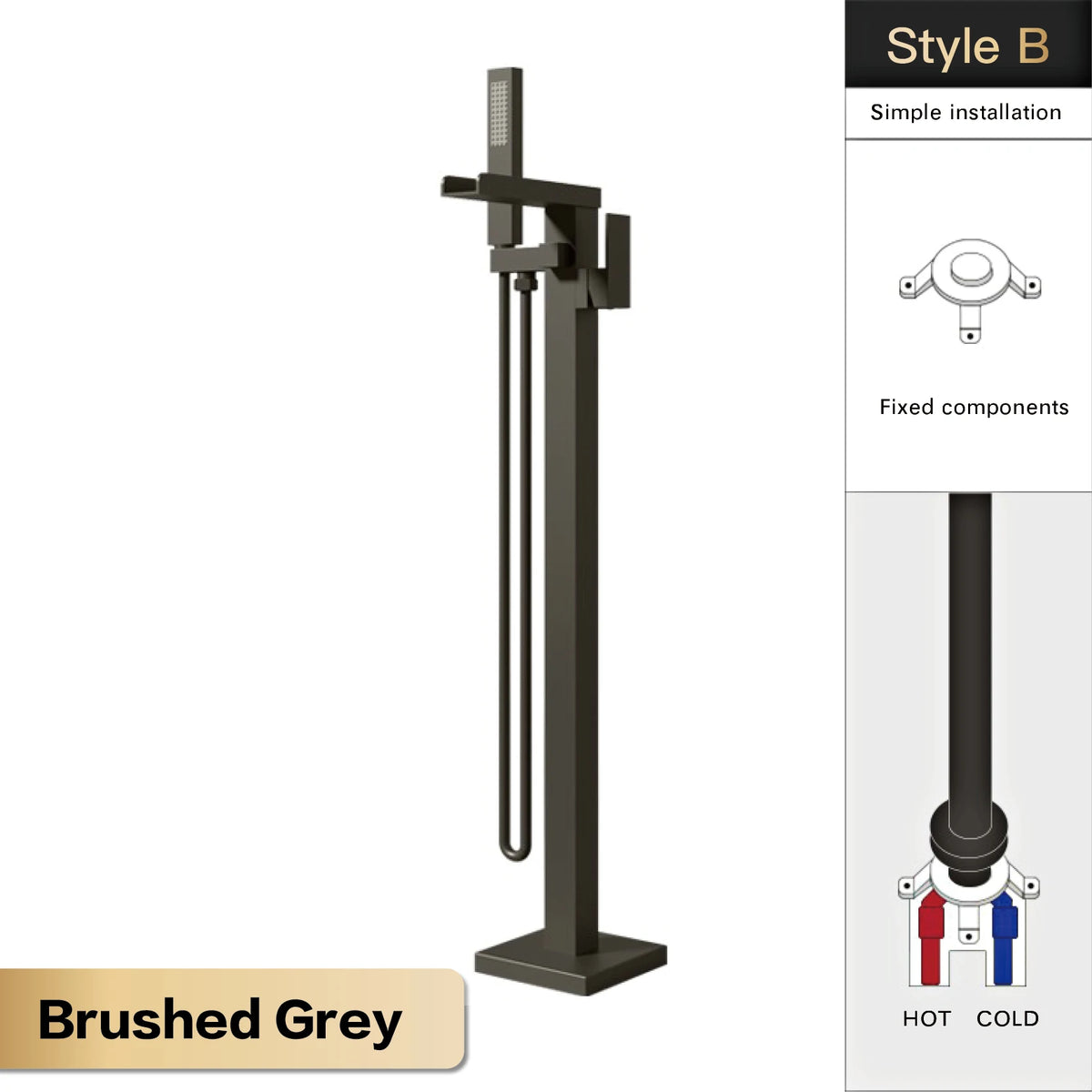 AITANA Luxury Black Brass Floor Standing Bathroom Faucet with Waterfall Water Outlet Design, Hot and Cold Bathtub Mixer
