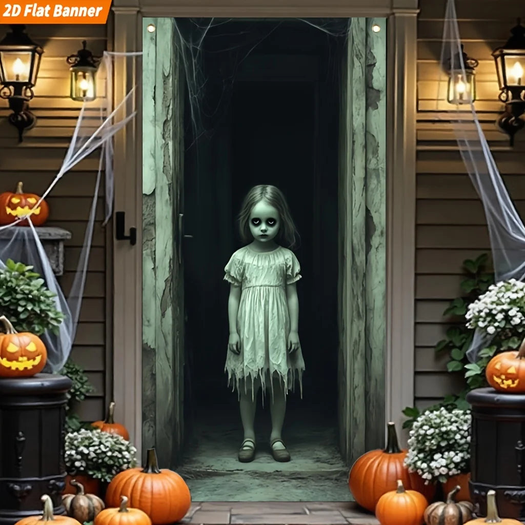 A 2D flat banner suitable for Halloween, featuring a large ghost girl door decoration