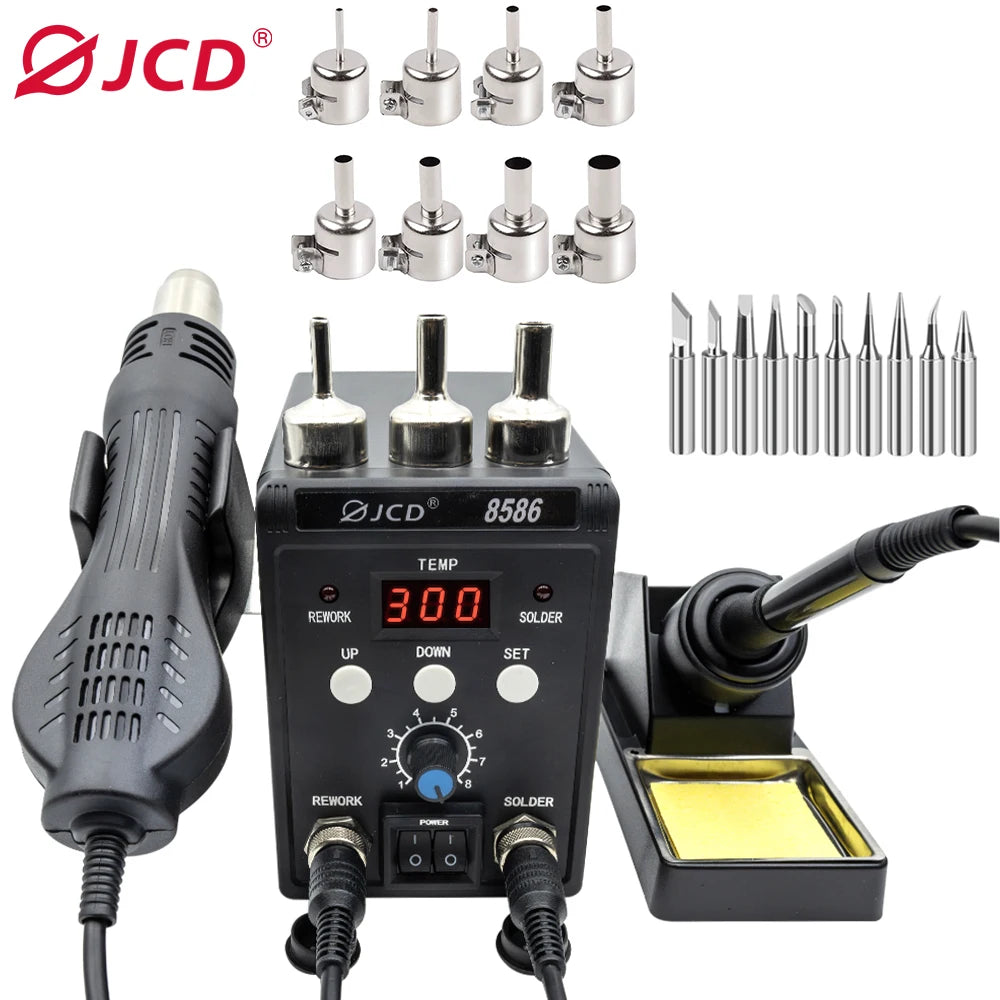 JCD 2 in 1 Digital Soldering Station Hot Air Gun Solder Iron SMD BGA Rework Desoldering Welding Repair Tools 760W 220V 110V 8586