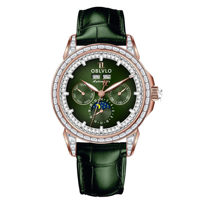 OBLVLO Men's Fashion Automatic Watch Colorful Zircon Moonphase Mechanical Multifunctional Black Leather Strap Timepiece GCM-MUT