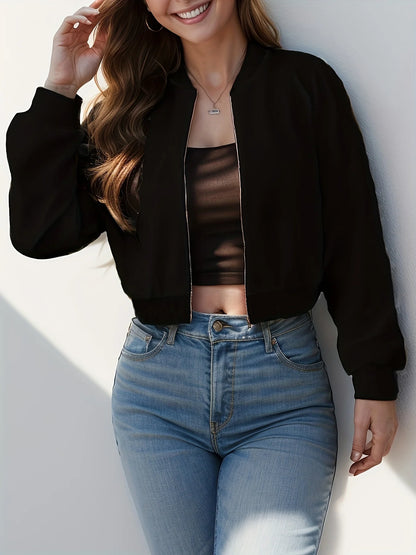 Solid Color Zip Up Jacket, Elegant Long Sleeve Baseball Collar Jacket For Spring & Fall, Women's Clothing