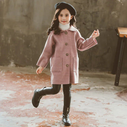 Winter Kids Wool Blend Coats Girls Warm Long Jackets Vintage Fashion Teen Reversible Tweed Outerwear Child 4-12 Years Old