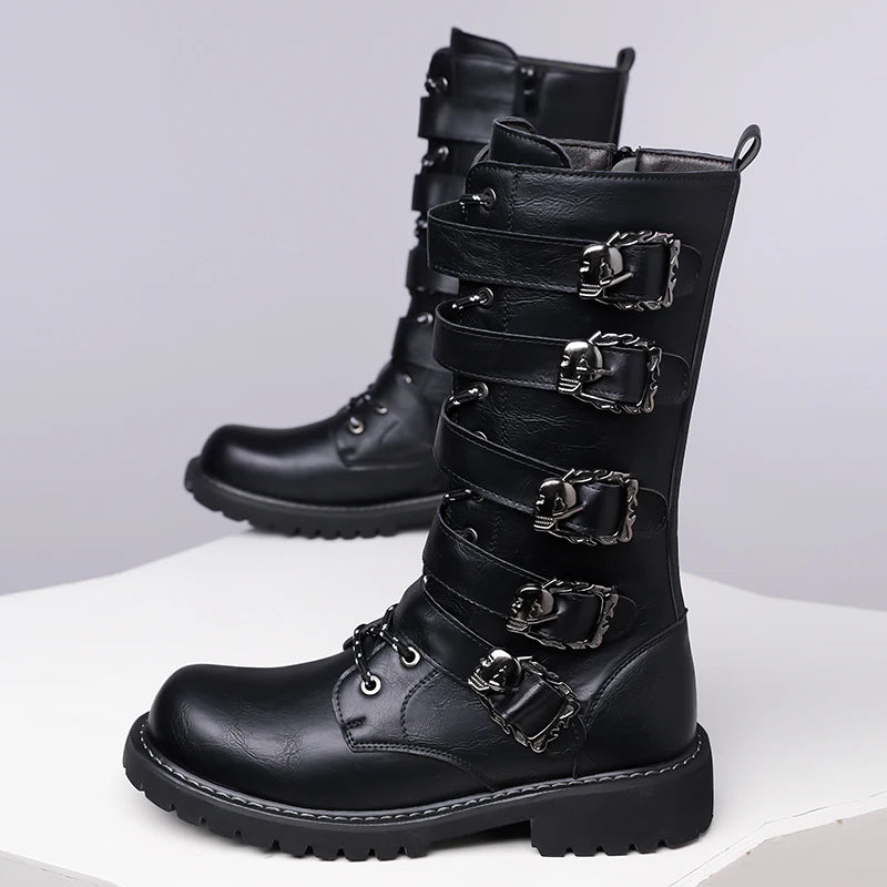 Winter Men Fashionable Boots with Belt Buckle Decoration Side Zipper Anti Slip Personalized Youth Knight Boots