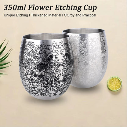 350ml Unique Flower Etching Cup Stainless Steel Egg Shaped Martell Whiskey Beer Mug Cocktail Wine Tumbler Water Drink Cups Gift