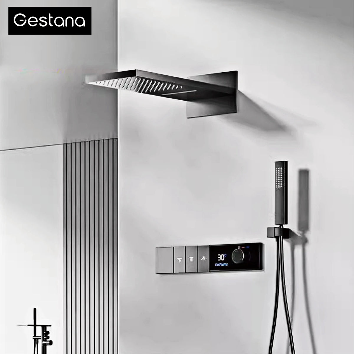 Gunmetal Luxury Brass Built-in Thermostatic Shower System With LED Display Rain&Handheld Wall- Mounted For Bathroom Hot/Cold Tap