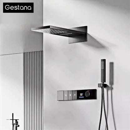 Gunmetal Luxury Brass Built-in Thermostatic Shower System With LED Display Rain&Handheld Wall- Mounted For Bathroom Hot/Cold Tap
