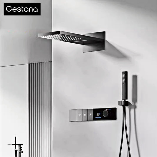 Gunmetal Luxury Brass Built-in Thermostatic Shower System With LED Display Rain&Handheld Wall- Mounted For Bathroom Hot/Cold Tap