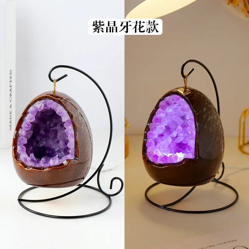 Natural Amethyst Cave Table Lamp Dinosaur Egg Bedroom LED Night Light Bedside Lamp Amethyst Flower Handicraft Home Decoration