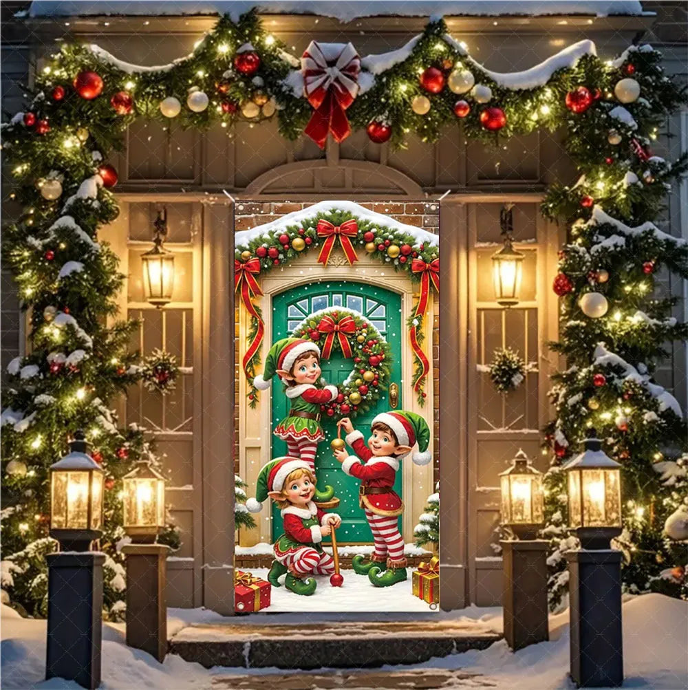 Christmas Theme Santa And Elk Backdrops Snowman Hanging Door Banner Indoor Outdoor Veranda Xmas Curtain Cover Festive Supplies