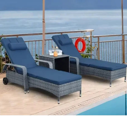 # Hot Patio Rattan Chaise Lounge With Rolling Wheels Adjustable Reclining Backrest 3-Piece PE Wicker Sun Bathing Chair Furniture