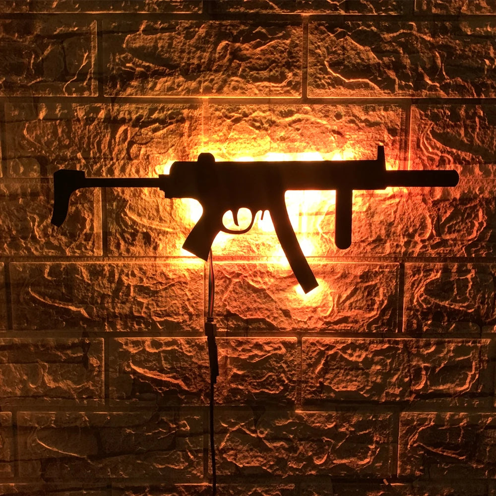 ZK30 creative luminous gun model wall hanging LED wall light wooden board indoor bar decoration USB night light cable 2 meters