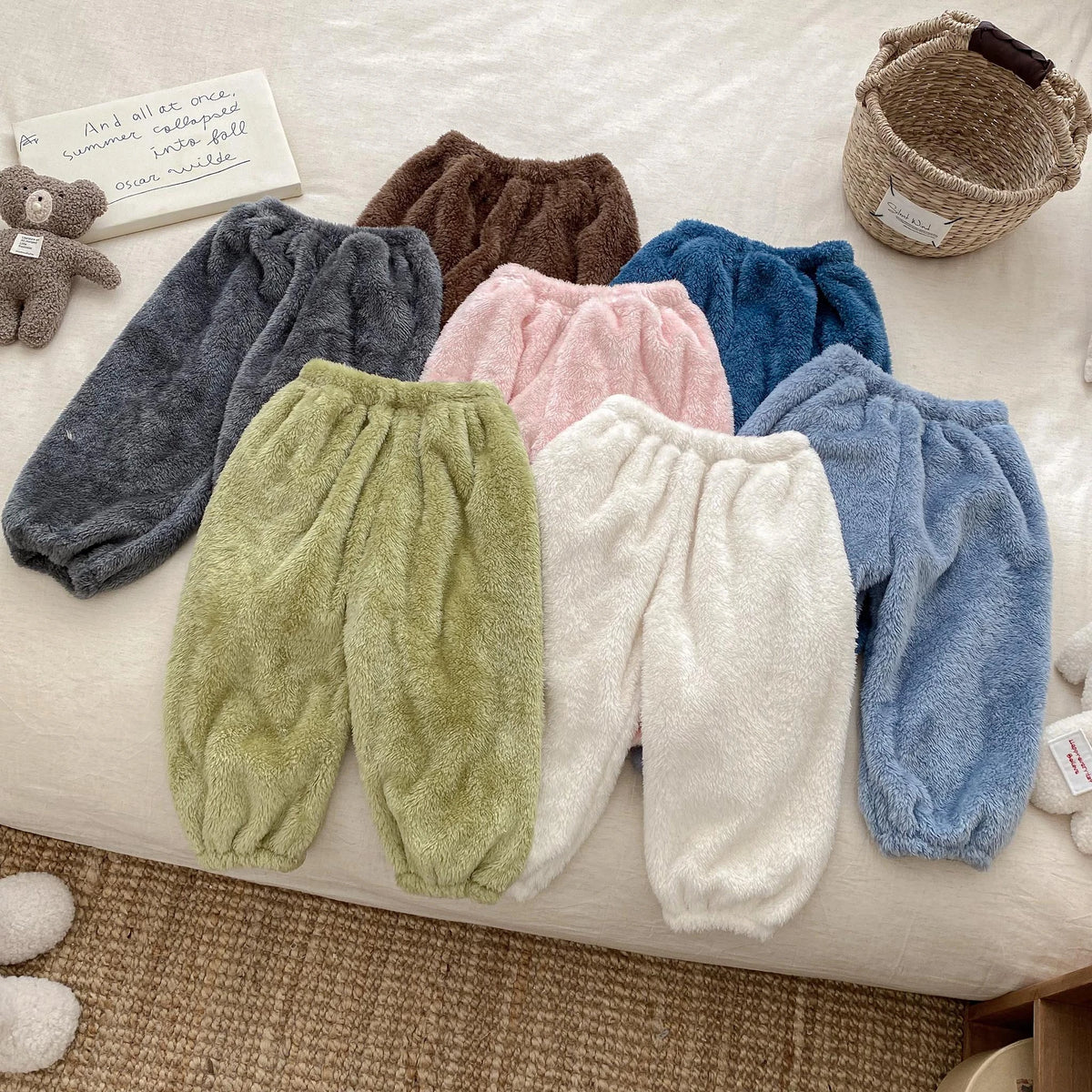 Solid Color Simple Casual Trousers Children's Home Clothes Autumn Winter Warm Plush Long Pant Baby Girls Boys Clothing Pants