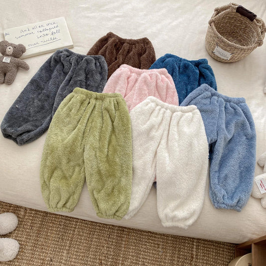 Solid Color Simple Casual Trousers Children's Home Clothes Autumn Winter Warm Plush Long Pant Baby Girls Boys Clothing Pants