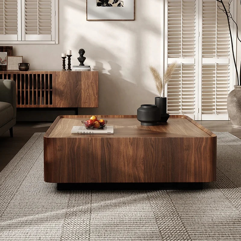 Black Walnut Solid Wood Coffee Table,Modern Square Storage Living Room Furniture,Nordic Style Minimalism Walnut Color Tea Table