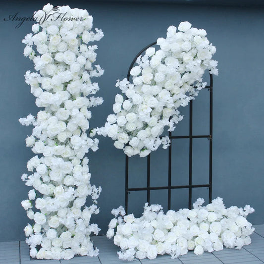 White Artificial Rose Cherry Blossom Arch Decor Hang Flower Row Wedding Backdrop Wall 5D Floral Arrangement Window Display A7588