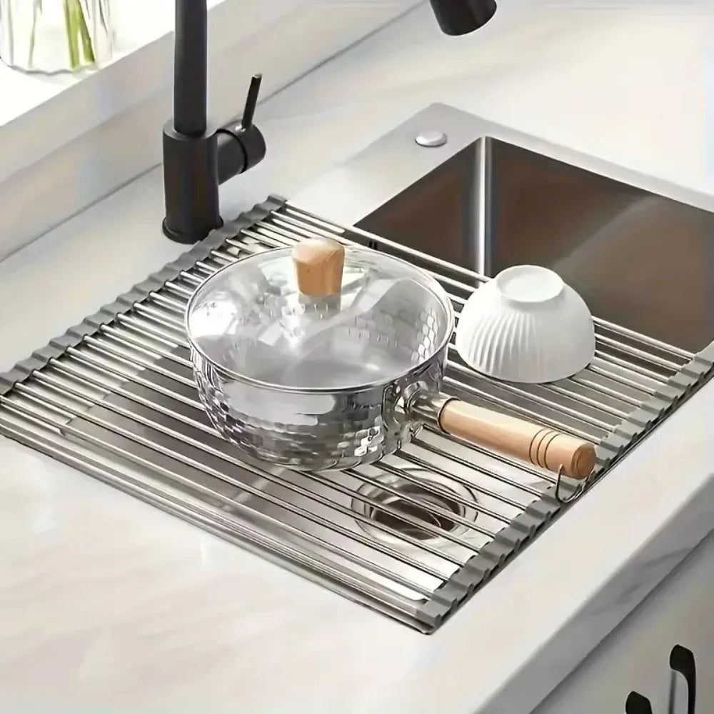 Rollable Foldable Stainless Steel Sink Drying Rack Kitchen Multifunctional Dish Drainer For Vegetable Fruit Storage