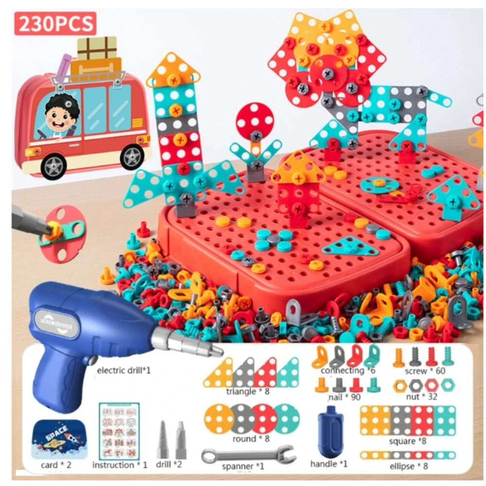 450Pcs Kids STEM Drill Set Creative Mosaic Puzzle Building Blocks Educational Engineering Kit with Screwdriver for Boys Girls