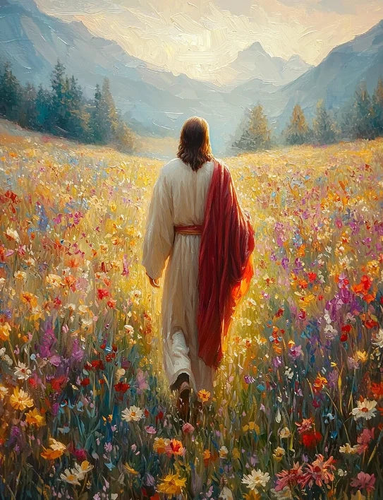 Graffiti Christian Jesus With Child Art Posters Christian Faith Jesus Walking In Flower Field Canvas Painting Bedroom Home Decor