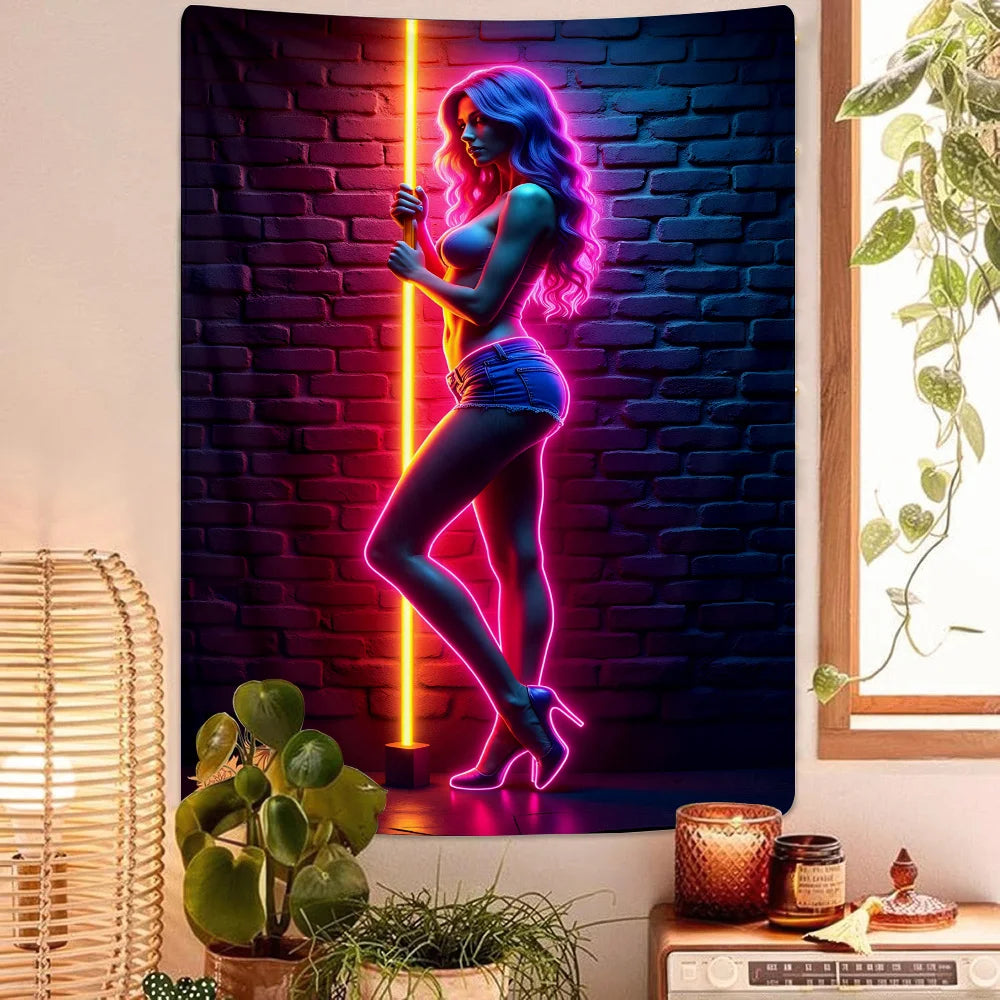 VIKAMA Neon Art Tapestry featuring a human silhouette in cyberpunk style, ideal for cyberpunk neon tapestry decor.