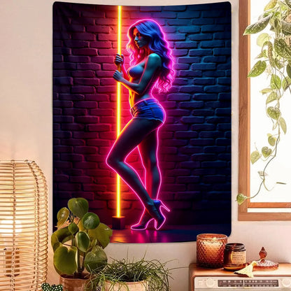 VIKAMA Neon Art Tapestry featuring a human silhouette in cyberpunk style, ideal for cyberpunk neon tapestry decor.