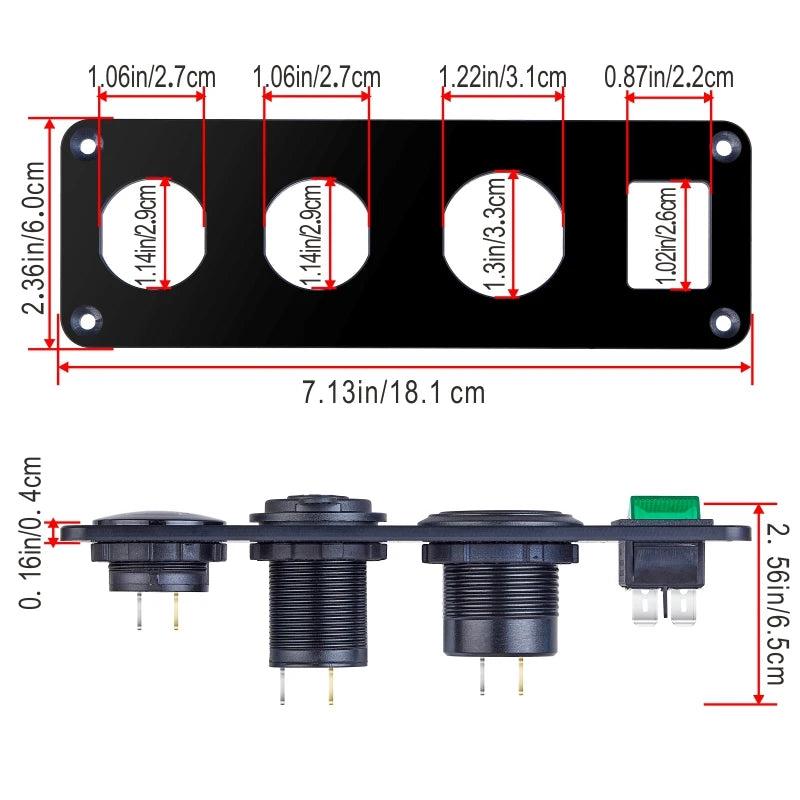 4 in 1 Marine Switch Panel 12V Dual USB Charger Socket Power Outlet LED Voltmeter Cigarette Lighter Socket ON Off Button Switch