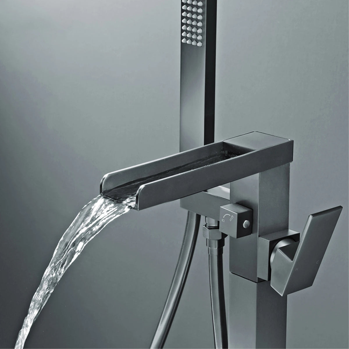 AITANA Luxury Black Brass Floor Standing Bathroom Faucet with Waterfall Water Outlet Design, Hot and Cold Bathtub Mixer